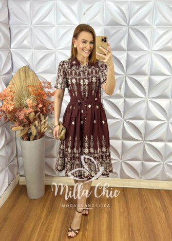 Vestido Raquel Em Viscoamida Bordado - Marrom - Milla Chic