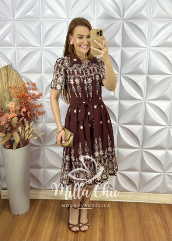 Vestido Raquel Em Viscoamida Bordado - Marrom - Milla Chic