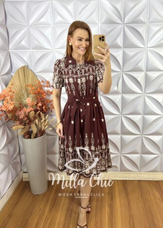 Vestido Raquel Em Viscoamida Bordado - Marrom - Milla Chic