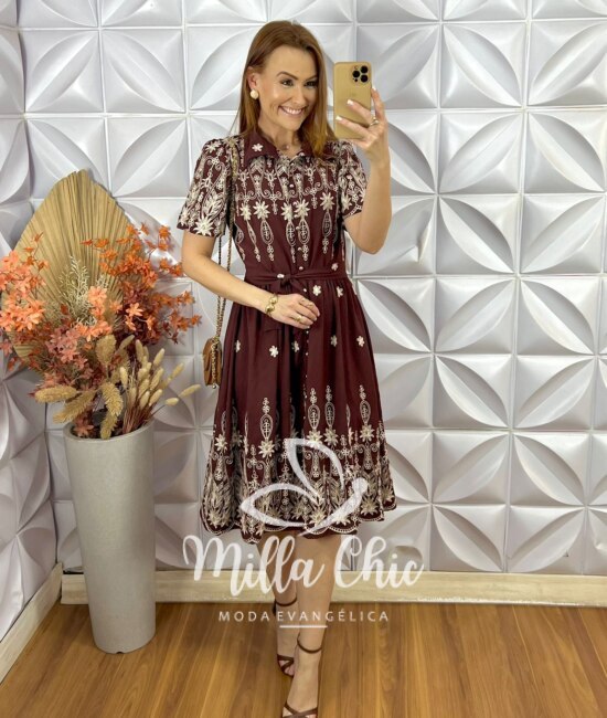 Vestido Raquel Em Viscoamida Bordado - Marrom - Milla Chic