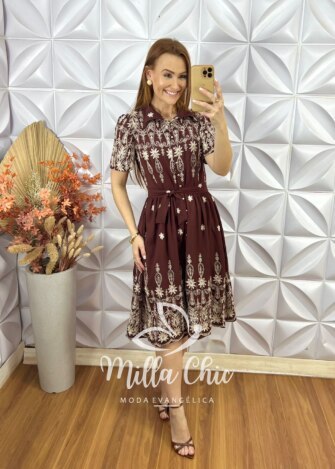 Vestido Raquel Em Viscoamida Bordado - Marrom - Milla Chic