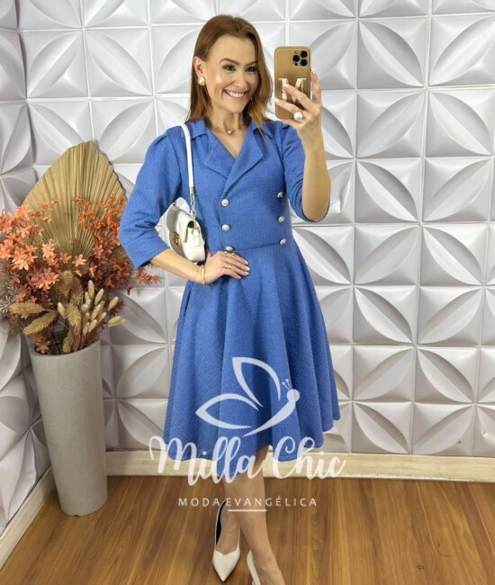 Vestido Regina Em Tweed - Azul - Milla Chic