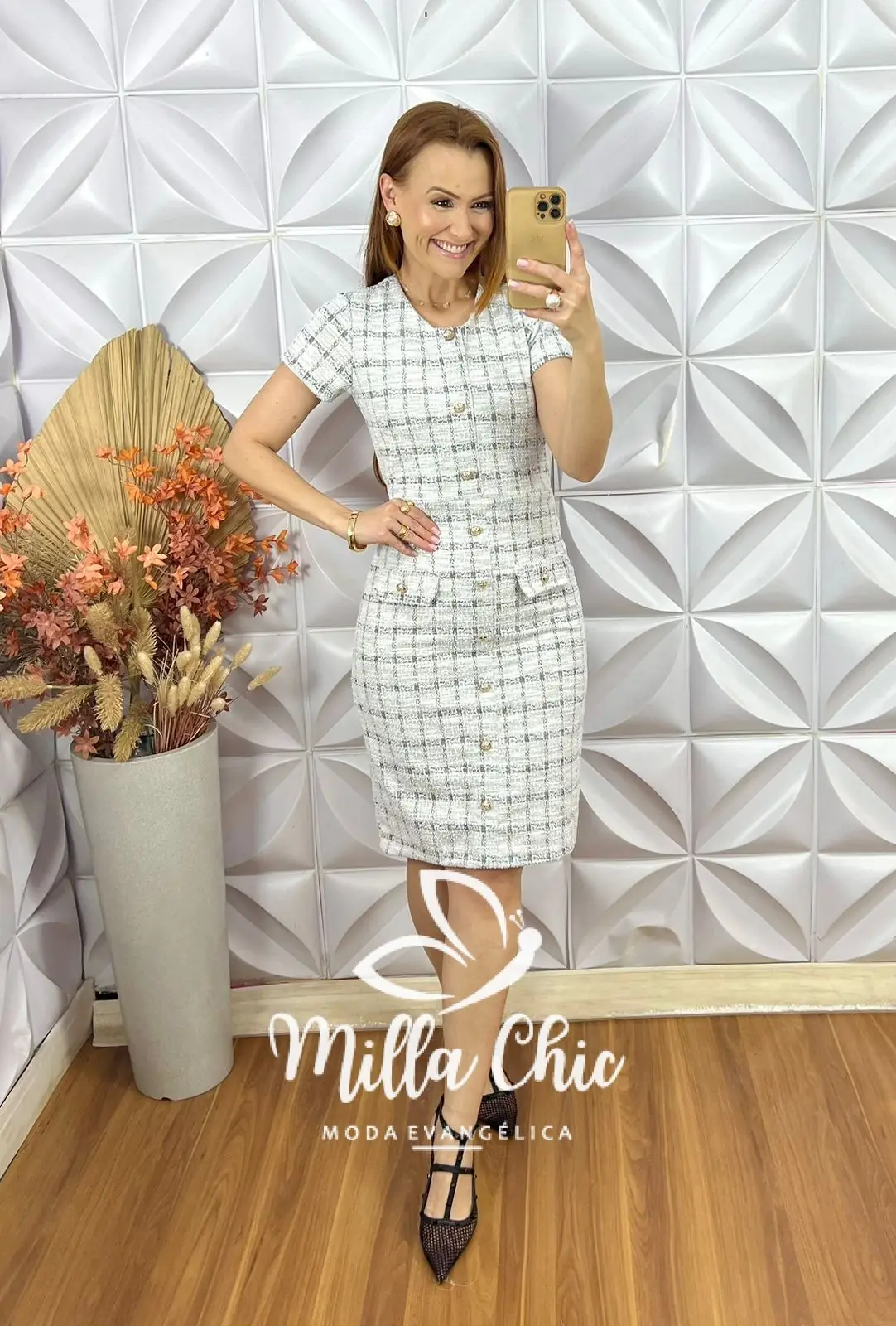 Vestido Tina Com Casaco Em Tweed – Branco Gelo – Milla Chic Vestido Tina Com Casaco Em Tweed - Branco Gelo - Milla Chic