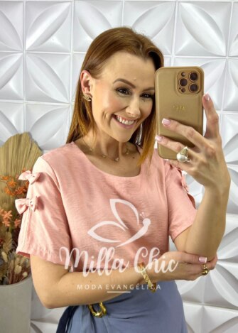 Blusa Joana Com Laço na Manga - Rosa - Milla Chic