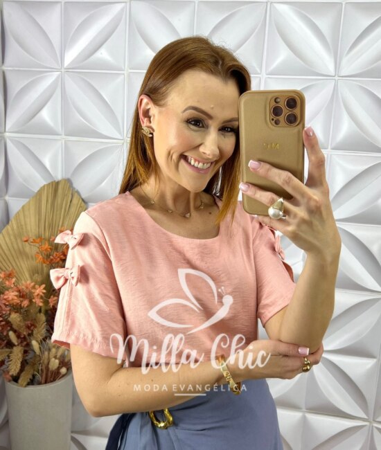 Blusa Joana Com Laço na Manga - Rosa - Milla Chic