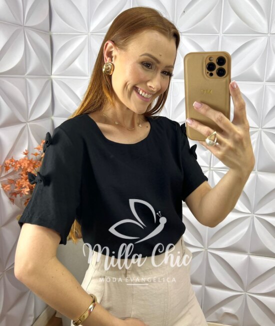 Blusa Joana Com Laço na Manga - Preto - Milla Chic