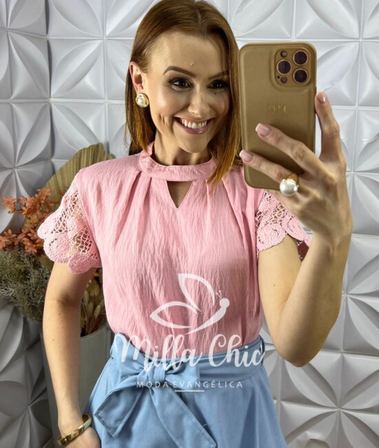 Blusa Nicole Manga Crochê - Rosa - Milla Chic