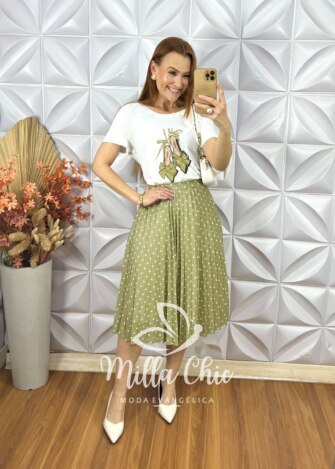 Conjunto Taciane Com Saia Plissada - Oliva - Milla Chic