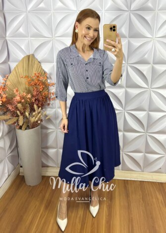 Saia Georgina Em alfaiataria - Azul - Milla Chic