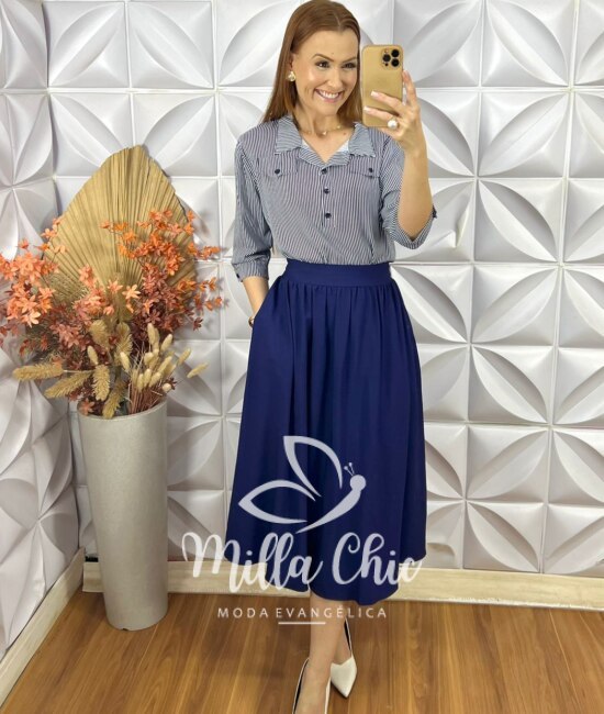Saia Georgina Em alfaiataria - Azul - Milla Chic