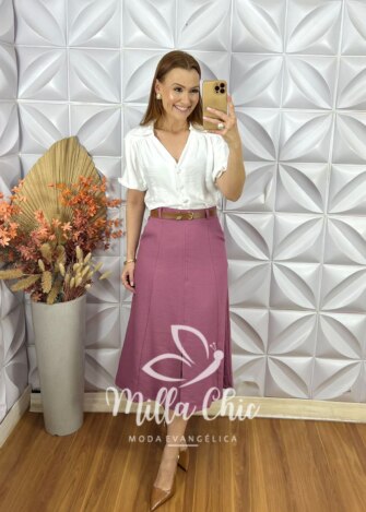 Saia Joaquina Em Alfaiataria - Rosa Antigo - Milla Chic