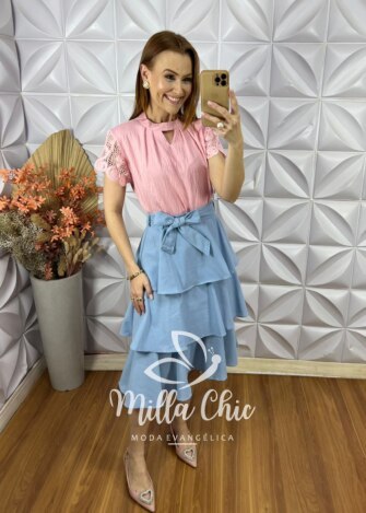 Saia Kesia Em Linho Camadas - Azul Celeste - Milla Chic