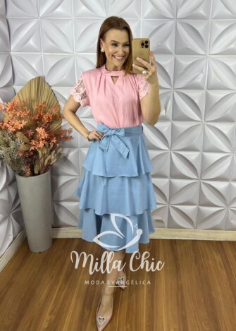 Saia Kesia Em Linho Camadas - Azul Celeste - Milla Chic