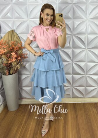 Saia Kesia Em Linho Camadas - Azul Celeste - Milla Chic