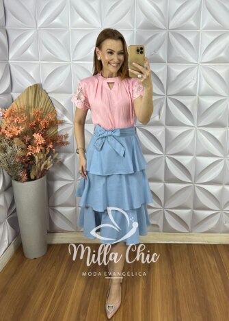 Saia Kesia Em Linho Camadas - Azul Celeste - Milla Chic