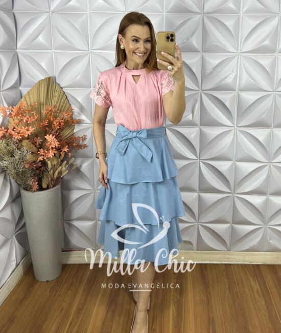 Saia Kesia Em Linho Camadas - Azul Celeste - Milla Chic
