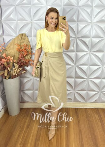 Saia Porsha Em Alfaiataria Marrant - Bege - Milla Chic