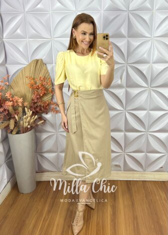 Saia Porsha Em Alfaiataria Marrant - Bege - Milla Chic