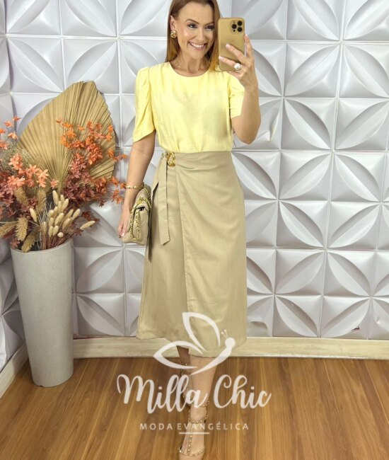 Saia Porsha Em Alfaiataria Marrant - Bege - Milla Chic