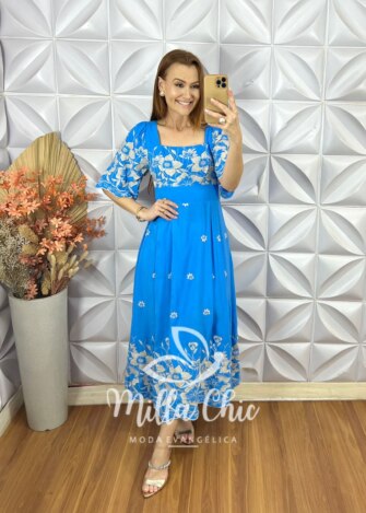 Vestido Adriana Bordado - Azul Capri - Milla Chic