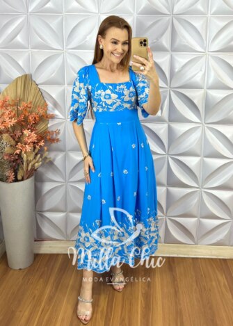 Vestido Adriana Bordado - Azul Capri - Milla Chic