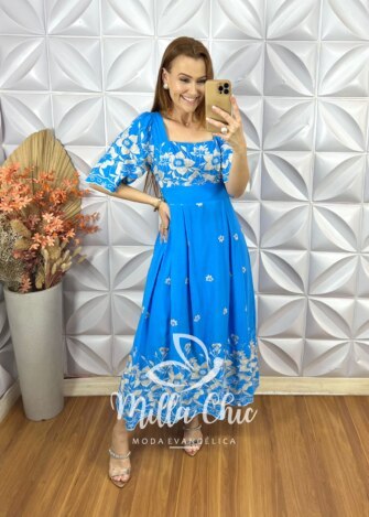 Vestido Adriana Bordado - Azul Capri - Milla Chic
