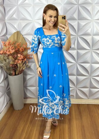Vestido Adriana Bordado - Azul Capri - Milla Chic