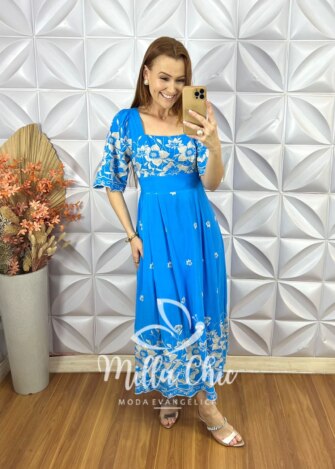 Vestido Adriana Bordado - Azul Capri - Milla Chic