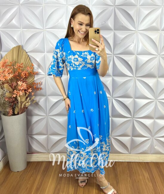 Vestido Adriana Bordado - Azul Capri - Milla Chic