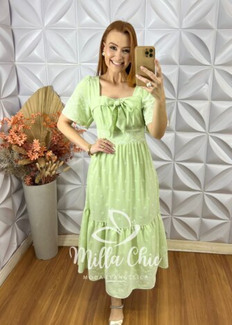 Vestido Amália Com Laço - Verde Lima - Milla Chic