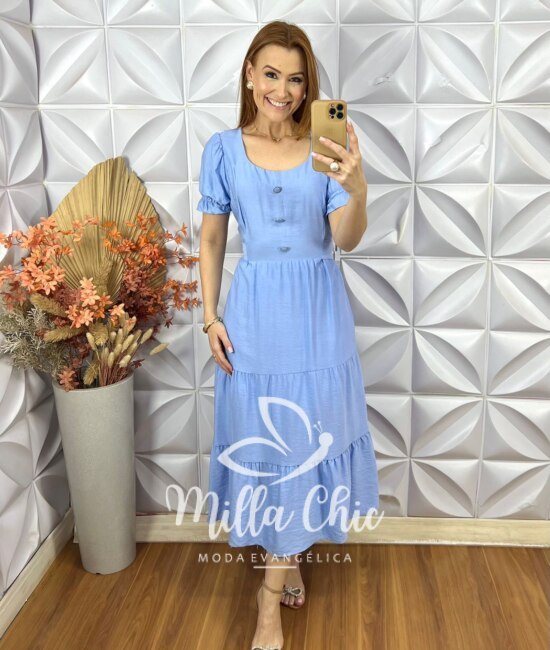 Vestido Adriane Em Viscose Acetinada - Azul Baby - Milla Chic