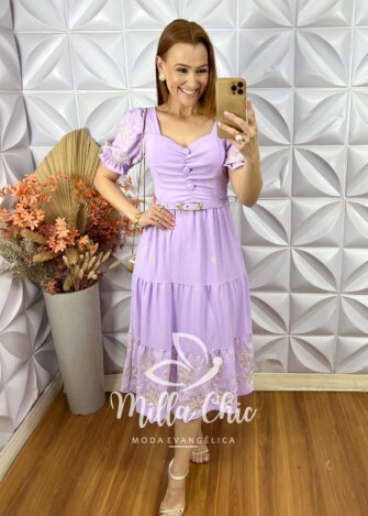 Vestido Ariane Em Crepe Bordado - Lavanda - Milla Chic