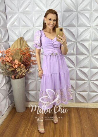 Vestido Ariane Em Crepe Bordado - Lavanda - Milla Chic