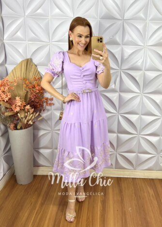 Vestido Ariane Em Crepe Bordado - Lavanda - Milla Chic