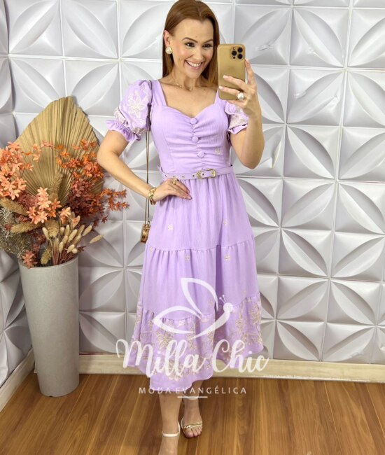 Vestido Ariane Em Crepe Bordado - Lavanda - Milla Chic