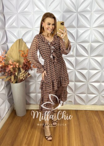 Vestido Bella Em Chiffon - Marrom - Milla Chic