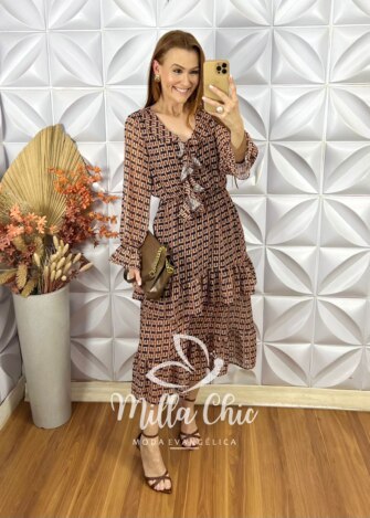 Vestido Bella Em Chiffon - Marrom - Milla Chic