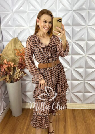 Vestido Bella Em Chiffon - Marrom - Milla Chic