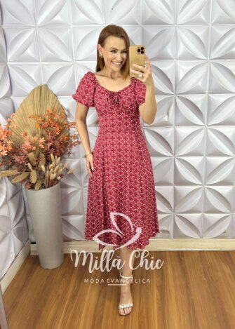Vestido Camponesa Em Viscolinho - Vermelho Coral - Milla Chic