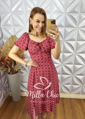 Vestido Camponesa Em Viscolinho - Vermelho Coral - Milla Chic
