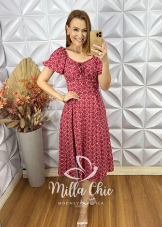 Vestido Camponesa Em Viscolinho - Vermelho Coral - Milla Chic