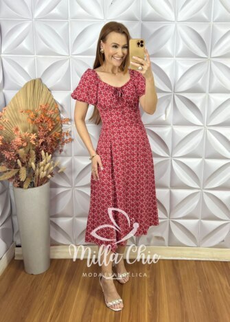 Vestido Camponesa Em Viscolinho - Vermelho Coral - Milla Chic