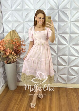Vestido Eulália Em Lesie Bordada - Rosa Marfim - Milla Chic