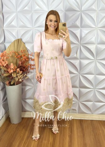Vestido Eulália Em Lesie Bordada - Rosa Marfim - Milla Chic