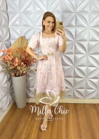 Vestido Eulália Em Lesie Bordada - Rosa Marfim - Milla Chic