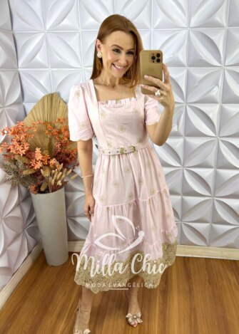 Vestido Eulália Em Lesie Bordada - Rosa Marfim - Milla Chic