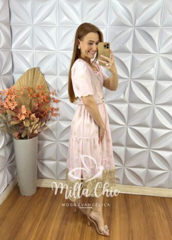 Vestido Eulália Em Lesie Bordada - Rosa Marfim - Milla Chic