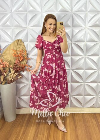 Vestido Gabriela Em Chiffon - Vinho - Milla Chic