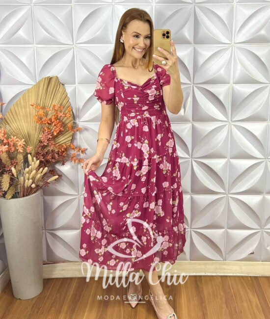 Vestido Gabriela Em Chiffon - Vinho - Milla Chic