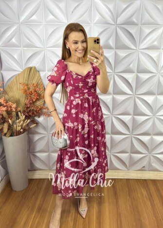 Vestido Gabriela Em Chiffon - Vinho - Milla Chic